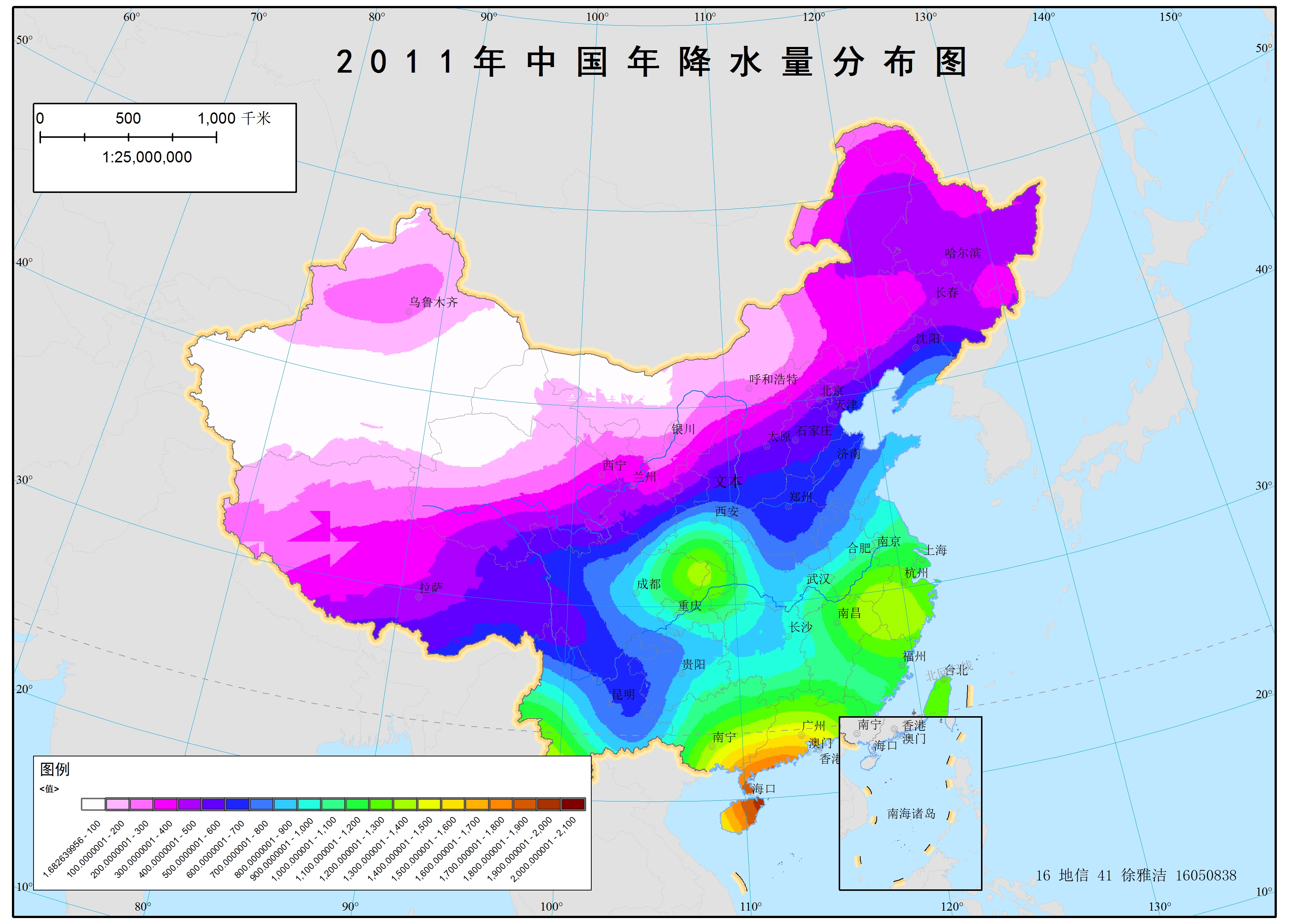 2011年中国年降水量分布图